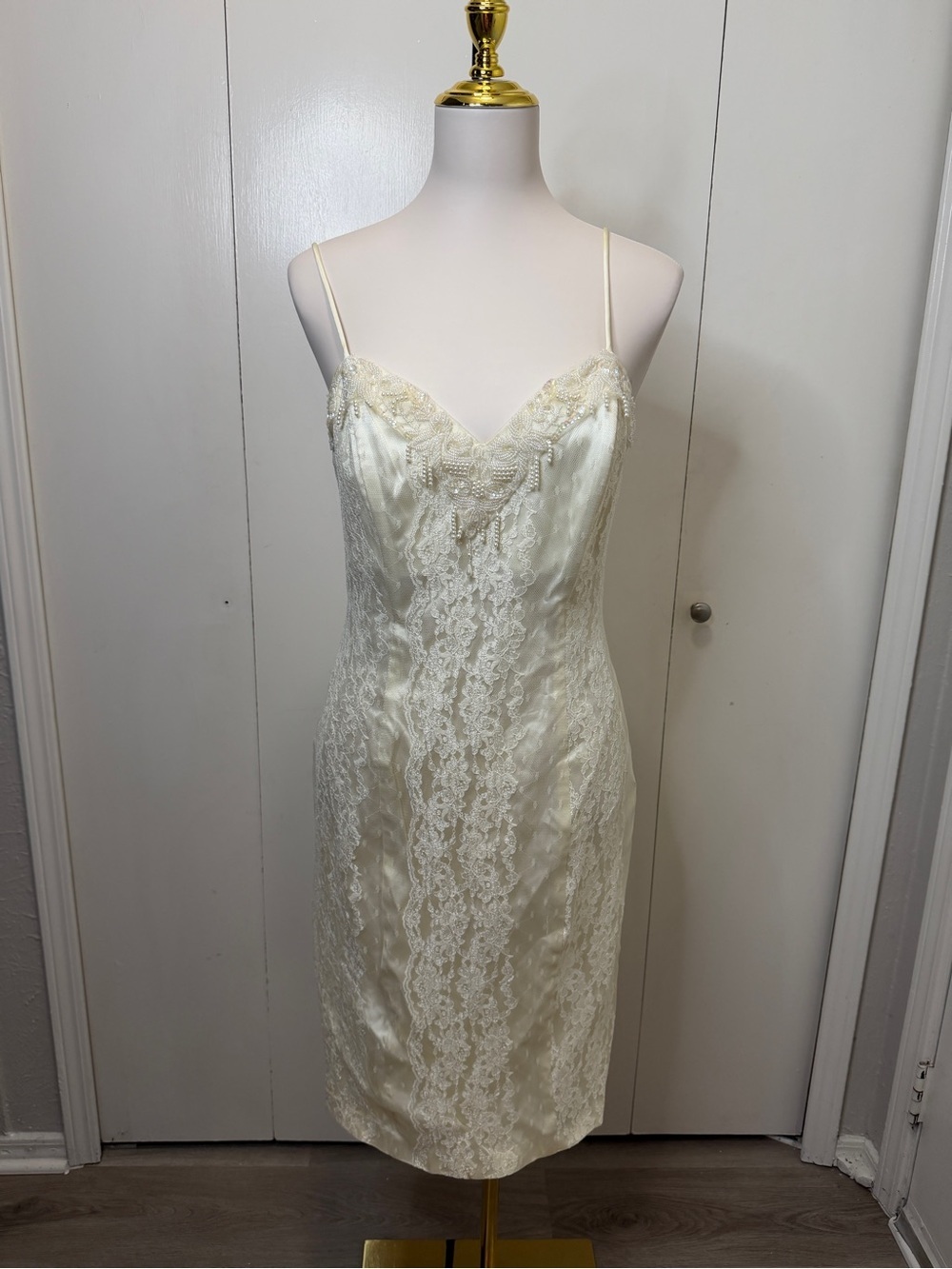 Ivory Lace-Front Midi Slip Dress with Delicate Straps - Picture 2 of 11